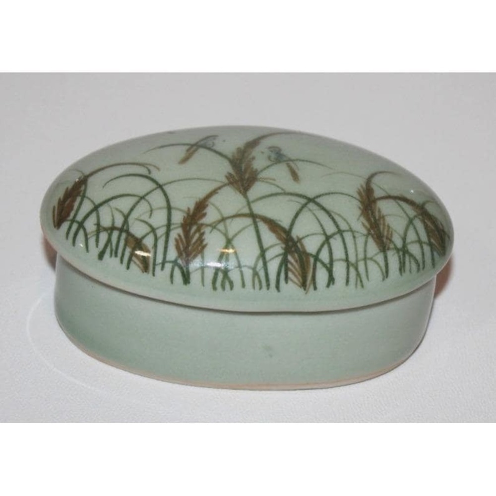 vintage Siam Celadon tinket box with Wood Ash Glaze Made in Thailand green birds